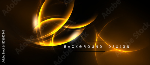 Abstract golden lines swirl against dark backdrop. Bright energy radiates, creating dynamic visual impact. Background design elements present.