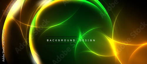 Abstract glowing lines create dynamic green, yellow shapes. Dark background emphasizes bright energy, modern design elements.
