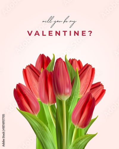 Red tulips bouquet valentine proposal romantic floral design. Vector Illustration