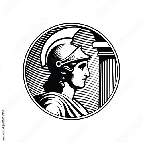 Black and white vintage engraving illustration of a classic Roman soldier wearing a helmet in vector style