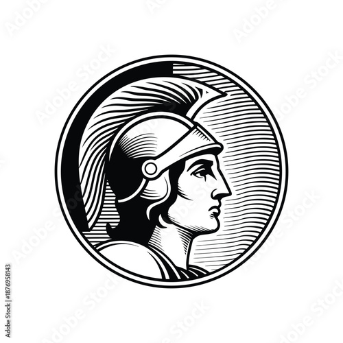 Black and white vintage engraving illustration of a classic Roman soldier wearing a helmet in vector style