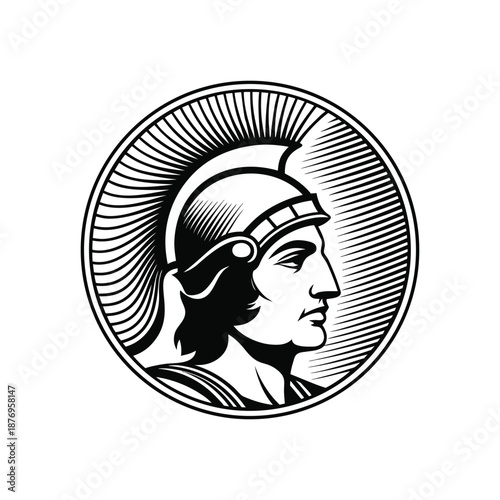 Black and white vintage engraving illustration of a classic Roman soldier wearing a helmet in vector style