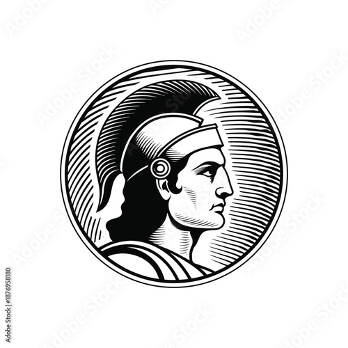 Black and white vintage engraving illustration of a classic Roman soldier wearing a helmet in vector style