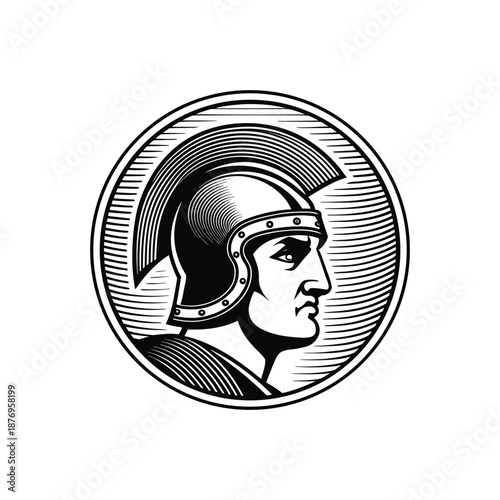 Black and white vintage engraving illustration of a classic Roman soldier wearing a helmet in vector style