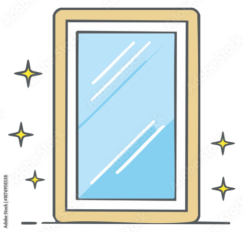 Shiny clean rectangular mirror illustration with a light colored frame and sparkling stars for spotless hygiene