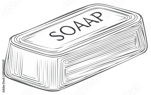 Hand drawn illustration of a bar of soap with the word SOAP embossed on top