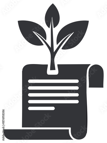 Sprout growing from a document or scroll symbolizing growth of knowledge or new ideas