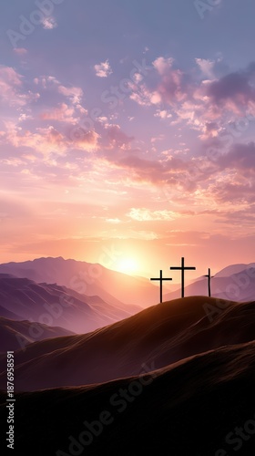 Three crosses on a hill with a dramatic colorful sunset sky
