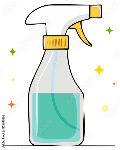 Cartoon style disinfectant spray bottle with bubbles, house cleaning product for hygiene and sanitation.
