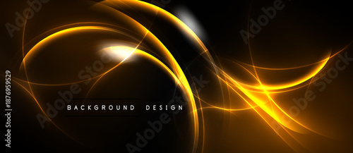 Abstract golden lines swirl over black background. Bright glow creates dynamic, modern visual effect. Design suggests energy, movement.