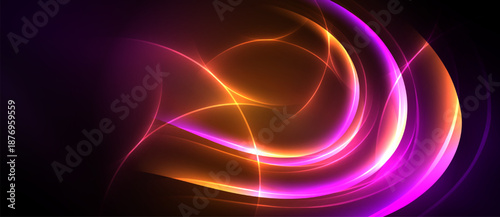 Abstract swirls, vibrant colors blend. Orange, purple hues dominate dark background. Dynamic energy radiates from central point.