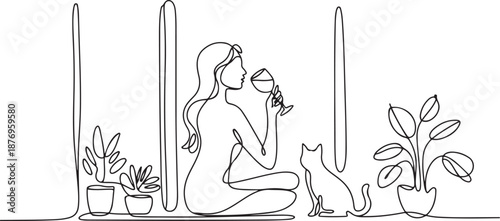 Continuous one Line Drawing young girl drinks wine at home by the window with cat and Cute House Plants. one line Art icon drawing vector