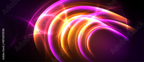 Bright abstract swirls, vibrant colors, dynamic energy. Purple, orange, pink hues create luminous effect. Modern design.