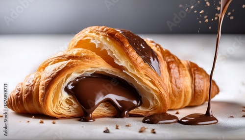 Close Up Of A Croissant Cut Open Revealing A Flowing Chocolate Filling