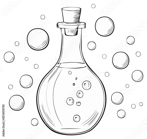 Hand-drawn glass potion bottle with cork stopper and floating bubbles