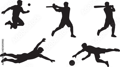 Athletic Baseball and Cricket Players Silhouette Vector Illustration Set