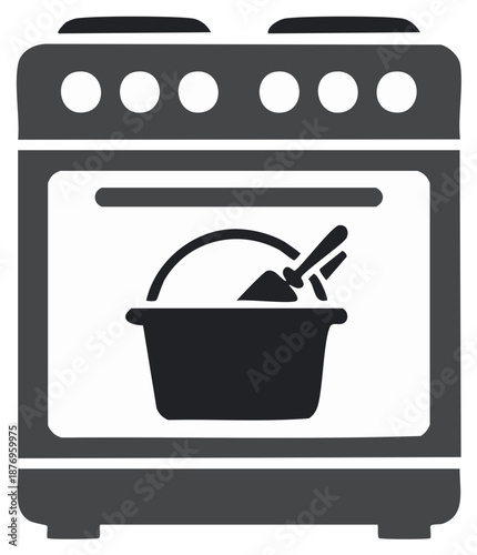 Kitchen oven storing gardening tools inside a bucket a conceptual icon