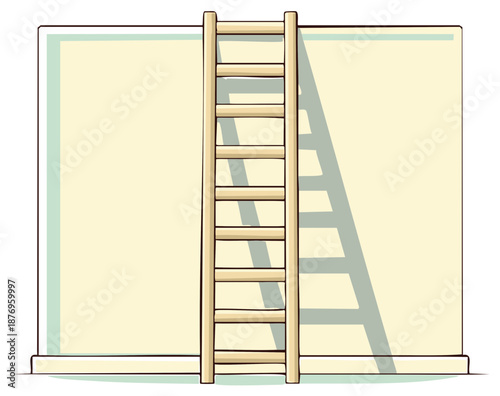 Ascending Heights: A wooden ladder rests against a cream-colored wall, casting a shadow with its rungs, suggesting progress, achievement, and upward mobility in cartoon style.