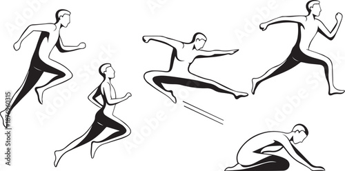 Dynamic Athletic Men Running and Jumping Silhouette Vector Set