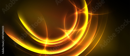 Abstract golden light curves radiate from center. Warm tones dominate dark background. Dynamic energy flows, creating visual impact.