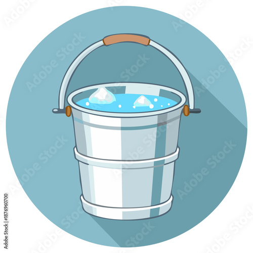 Cartoon illustration of a metal bucket filled with cold water and ice cubes on a blue circular background with long shadow