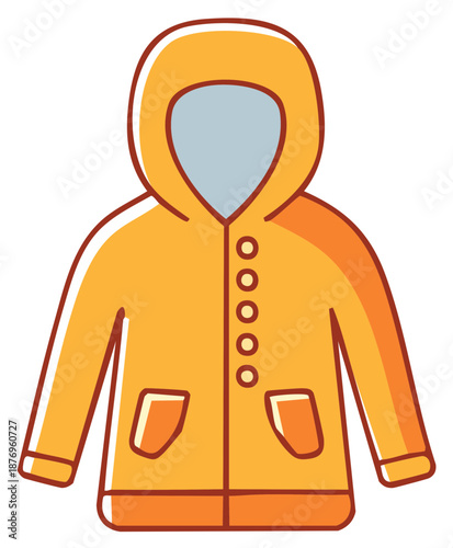 Yellow hooded rain jacket icon illustration, winter clothing with pockets and buttons