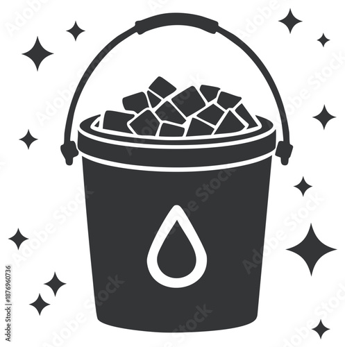 Dark bucket filled with ice cubes and a water droplet symbol sparkling with light