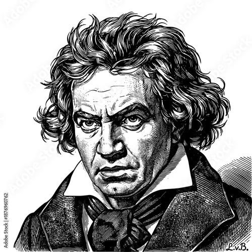 Beethoven portrait in woodcut style in black and white