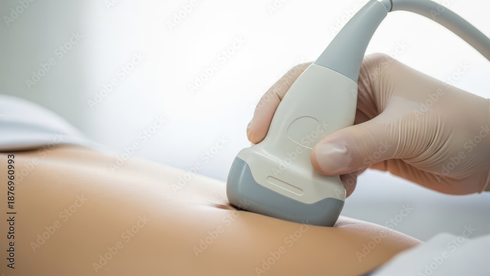 Fototapeta premium Ultrasound device being used on pregnant woman's abdomen, showcasing the process of prenatal care and monitoring fetal development in a clinical setting