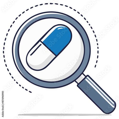 Magnifying glass examining a blue and white medical capsule icon representing pharmaceutical research
