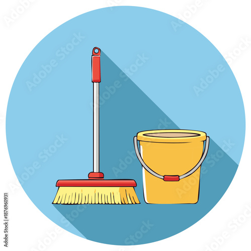 Yellow bucket and red broom cleaning tools for house chores and tidiness concept