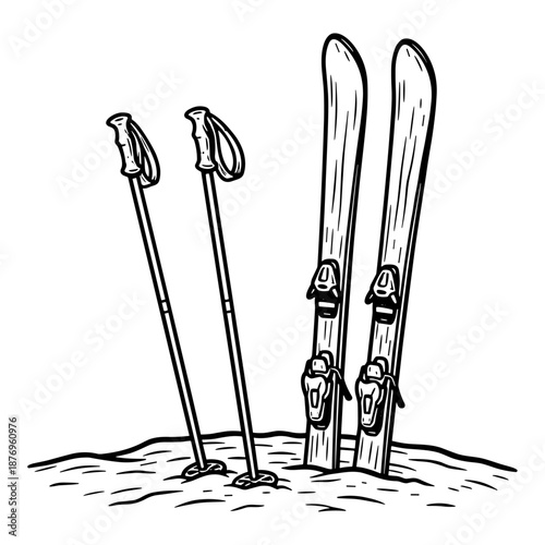 Ski equipment with skis and poles standing in snow against white background