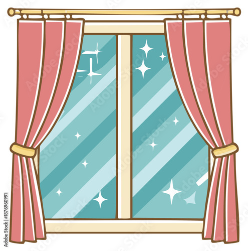 Clean window with pink curtains and sparkling reflections on a bright day