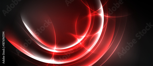 Abstract red energy flows, curved lines, bright illumination. Dark background emphasizes glowing shapes, creating dynamic visual impact.