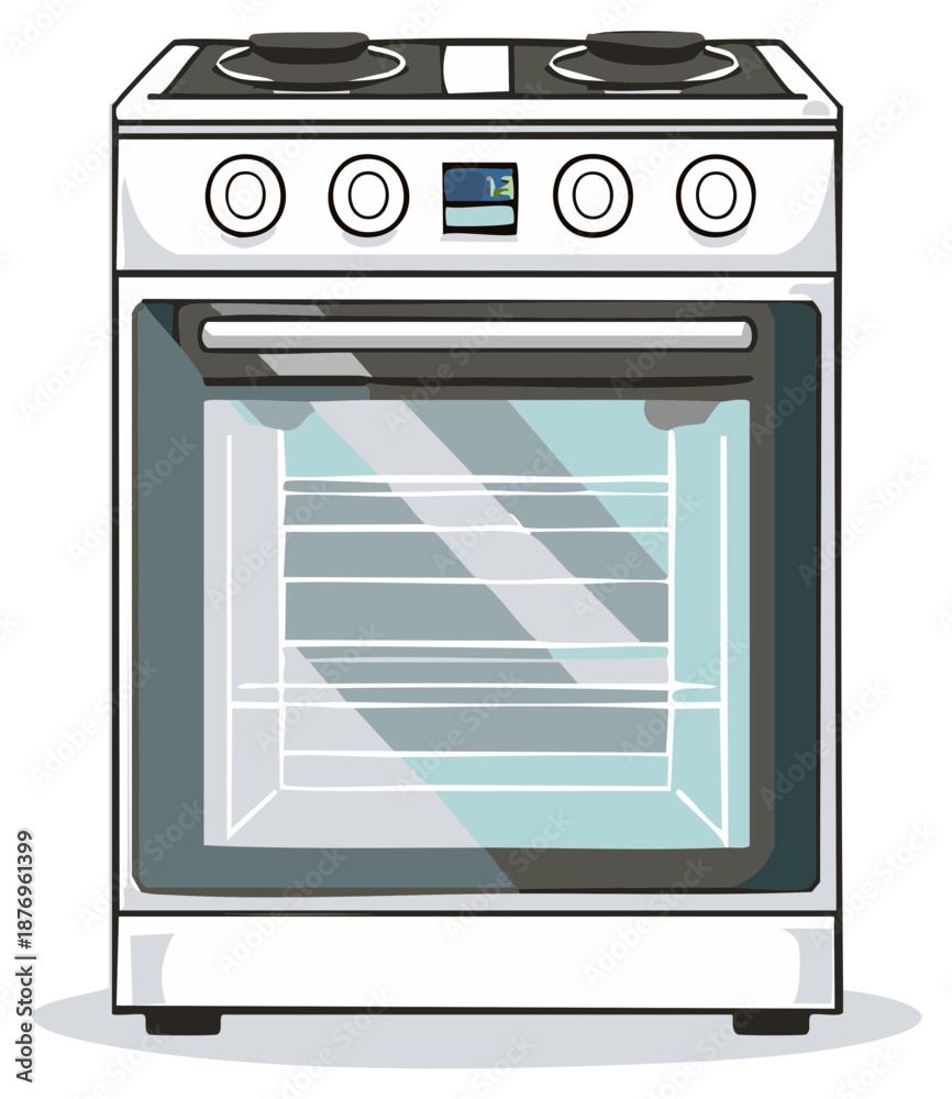 Obraz premium Modern white electric stove with an oven and cooktop, a vector art illustration of a home kitchen appliance