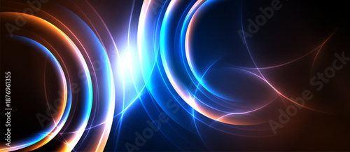 Abstract light streaks form circular patterns. Blue, orange hues dominate dark background. Bright glow emanates from center. Dynamic energy visible.