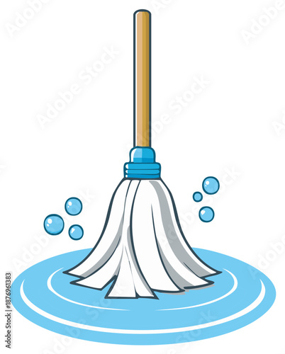 Cartoon illustration of a mop head submerged in blue water with soap bubbles representing household cleaning and hygiene