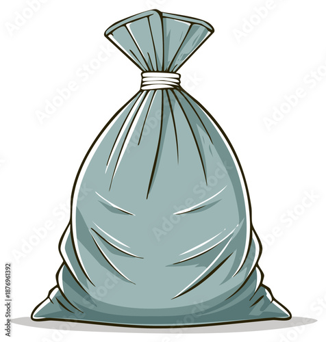 Cartoon sack tied at top, gray bag illustration, full bag drawing, tied sack