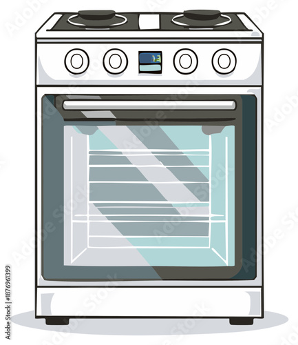 Modern white electric stove with an oven and cooktop, a vector art illustration of a home kitchen appliance