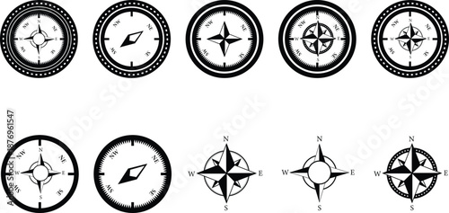 Compass Rose Icons Set – Vintage Navigation Symbol Silhouettes Collection