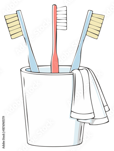 Toothbrushes in a holder with a towel illustration dental hygiene concept