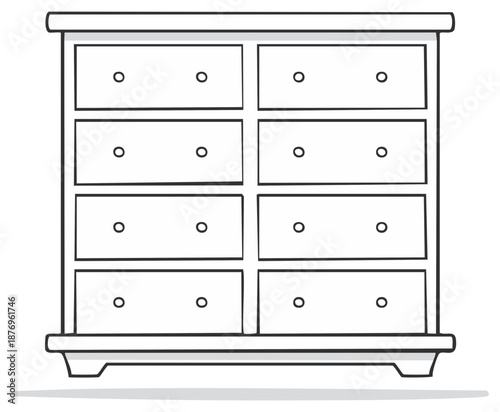 Classic wooden dresser with eight drawers black and white line art vector illustration