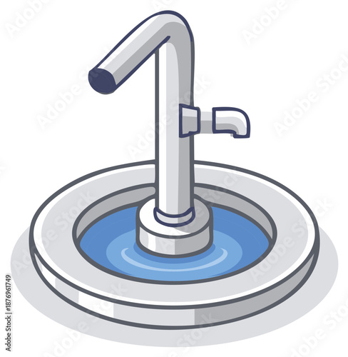 Vintage hand water pump illustration with water in a circular basin