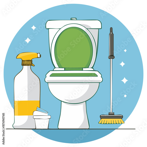 Vector icon of a clean toilet with a spray bottle and brush for bathroom sanitation