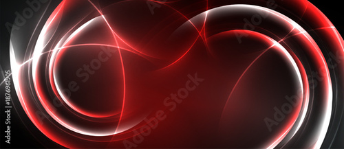 Abstract red, white swirls dominate black background. Dynamic lines create energy, modern aesthetic. Brightness contrasts sharply.