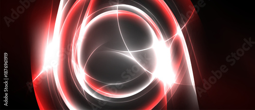 Abstract swirls, bright red glows, white light streaks. Dynamic energy radiates from dark background. Modern design element.