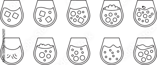 ten sets of white wine glass line icons. with ice cube, soda, foam and cold water. one line Art icon drawing vector