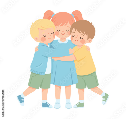 Three diverse children hugging in friendship group
