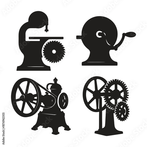 Black silhouettes of vintage industrial machines with gears and wheels