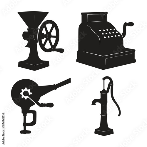 Black silhouettes of vintage coffee grinder cash register water pump and gear pump